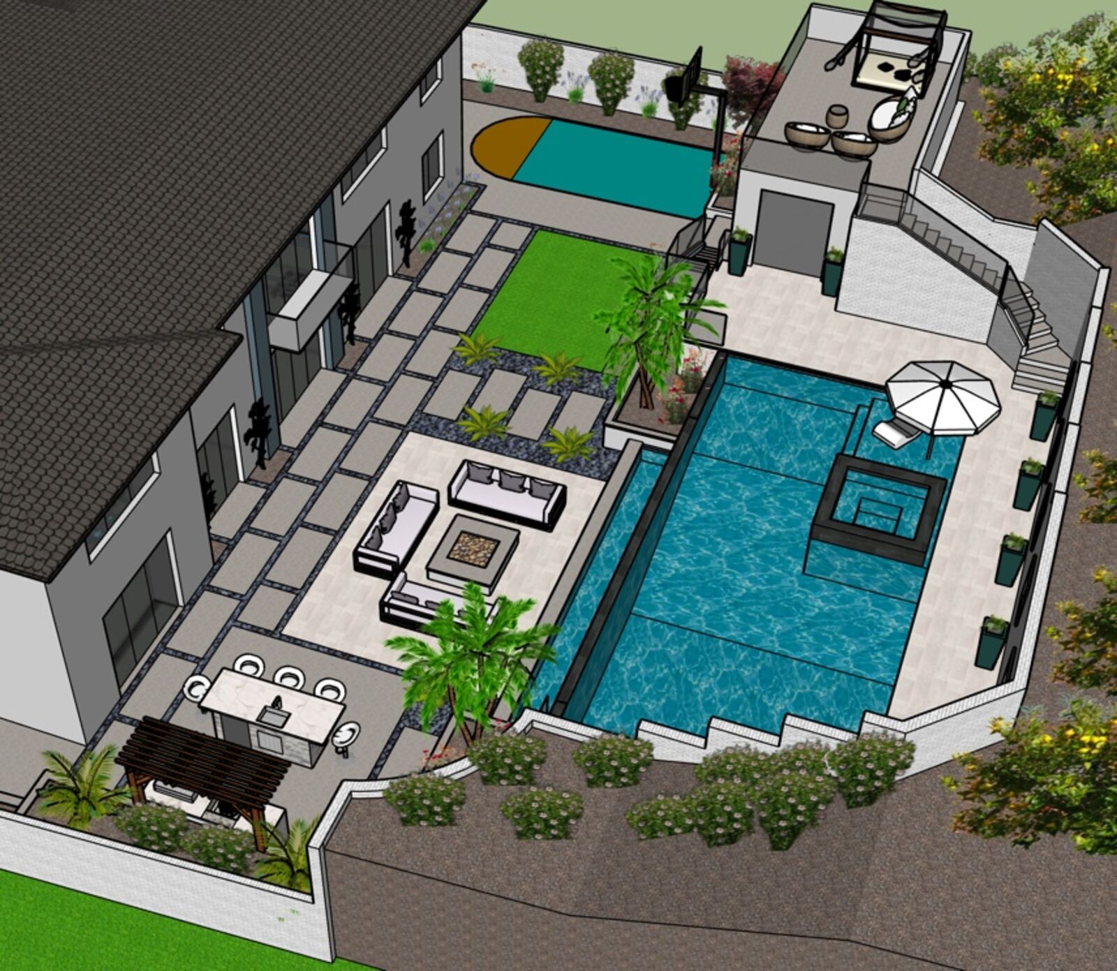 Angled concept rendering of pool and lawn