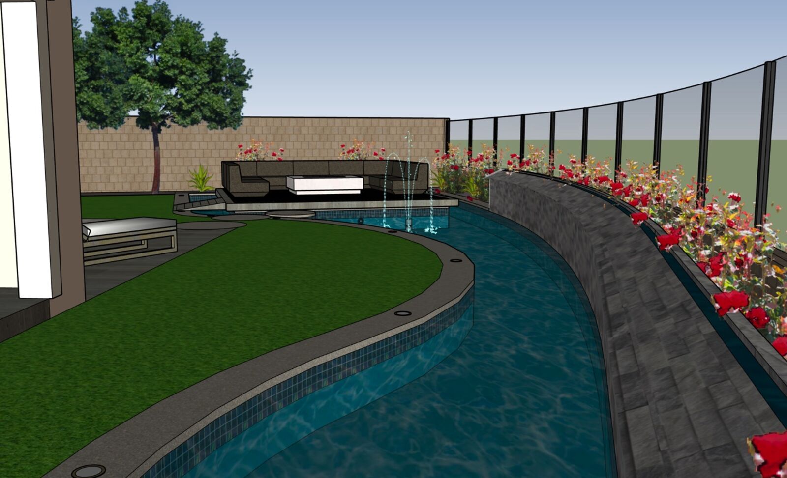 Rendering of pool, fire table and paver walk
