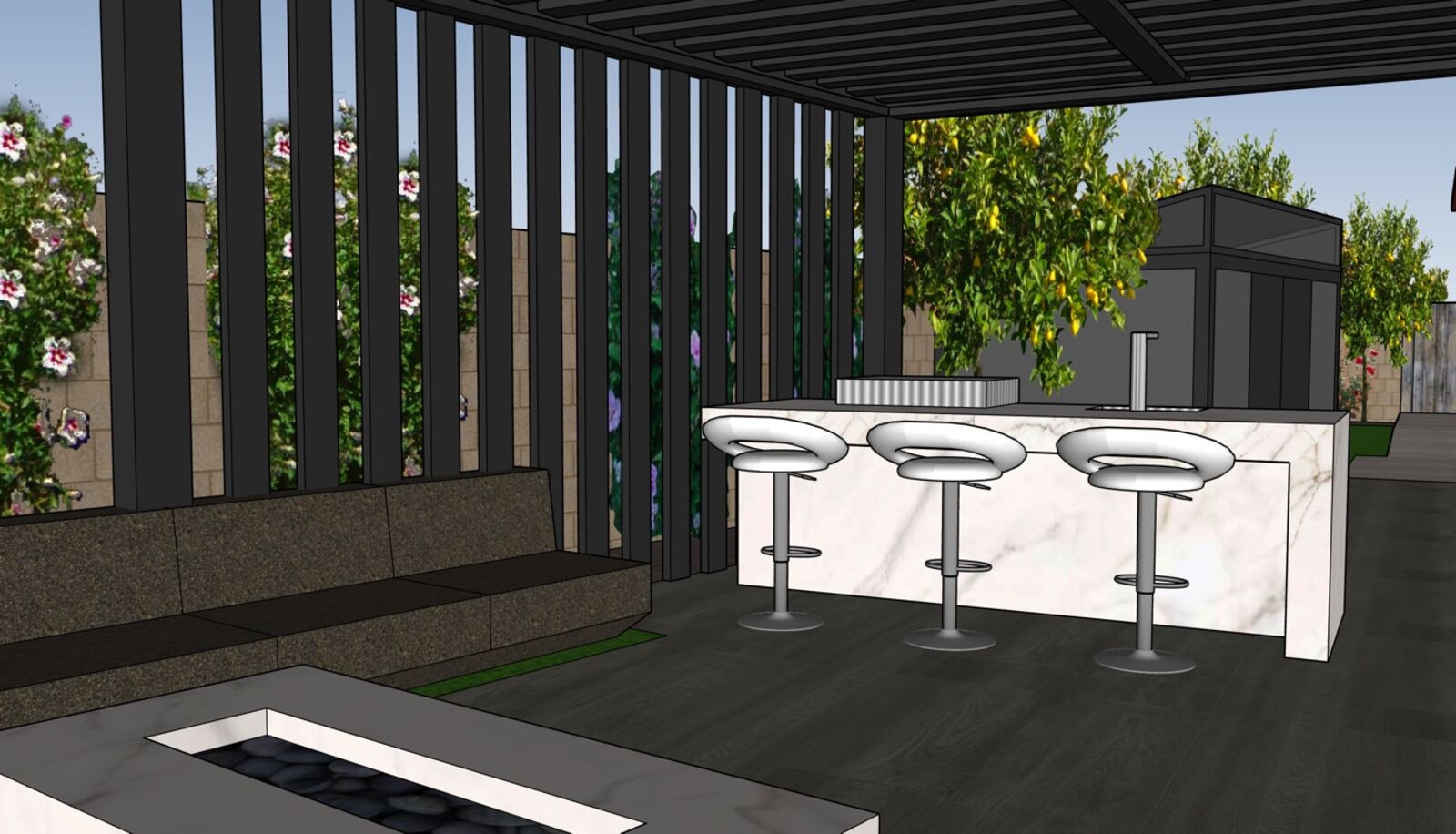 Dark louvered cabana and bar rendering