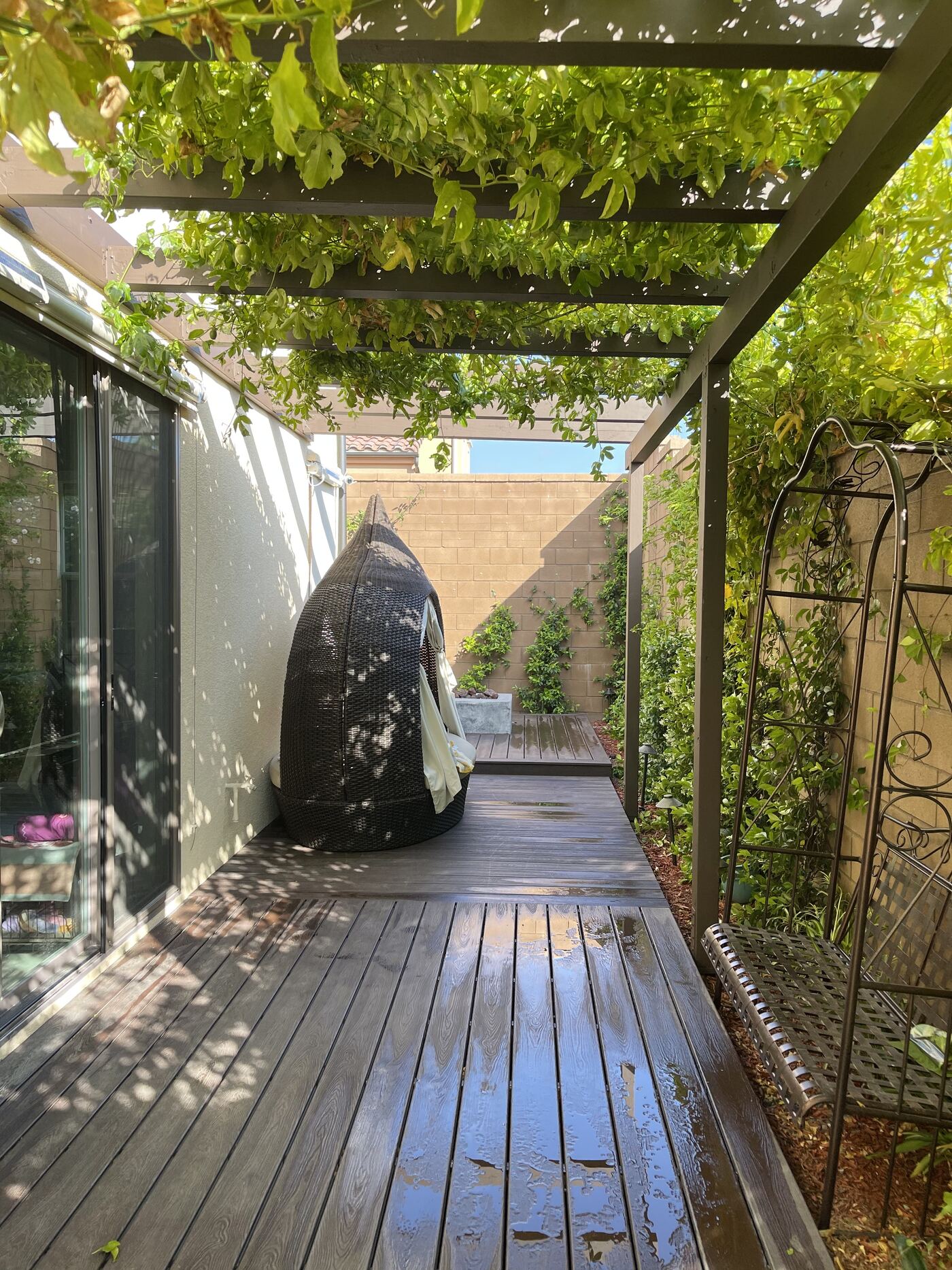 Vine-covered arbor walkway with daybed