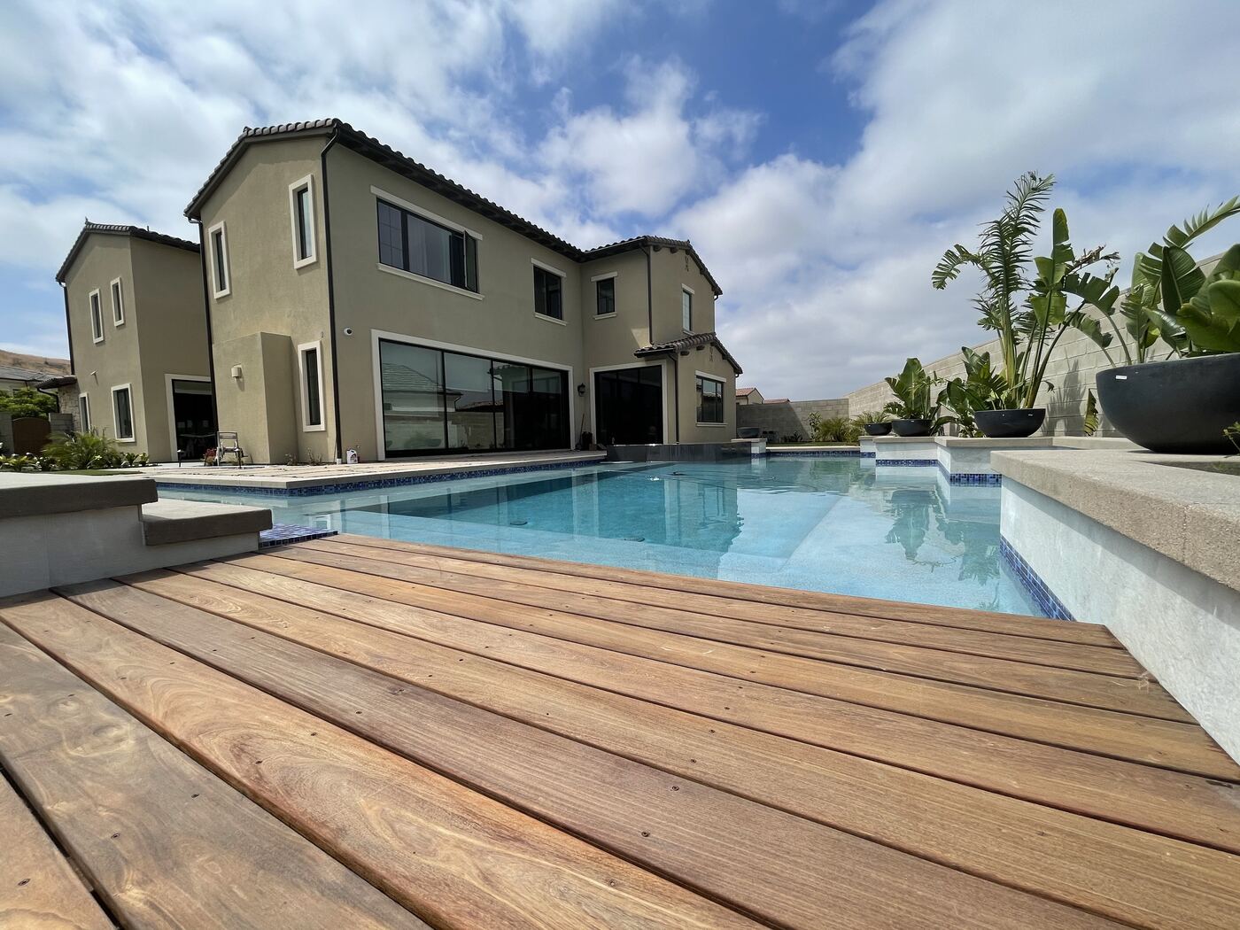Palms over a pebble-lined pool step